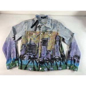 New Amiri Denim Jacket Airbrush "Hollywood" Womens Sz Large Distressed